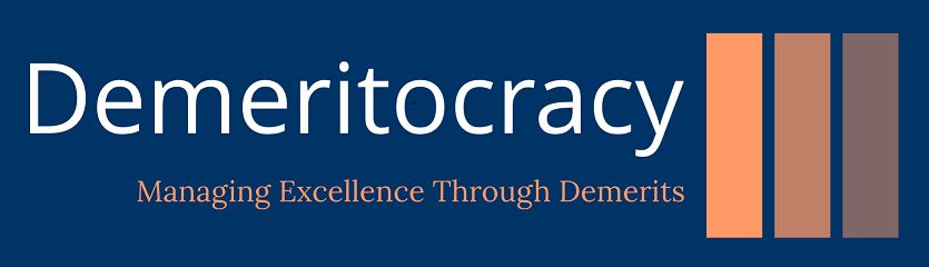 Demeritocracy logo with slogan managing excellence through demerits